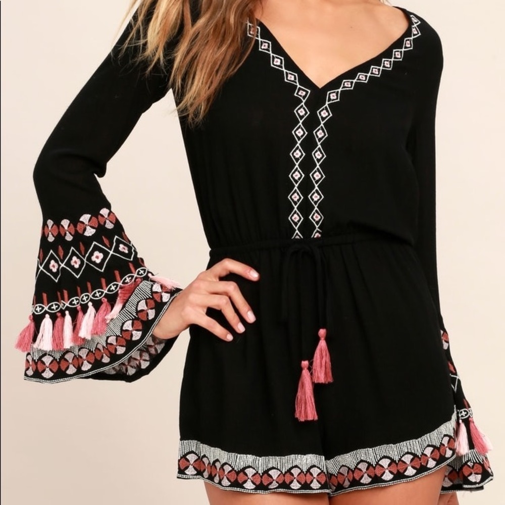 Lulu's Black Romper with Pink Tassel & Embroidered Trim
